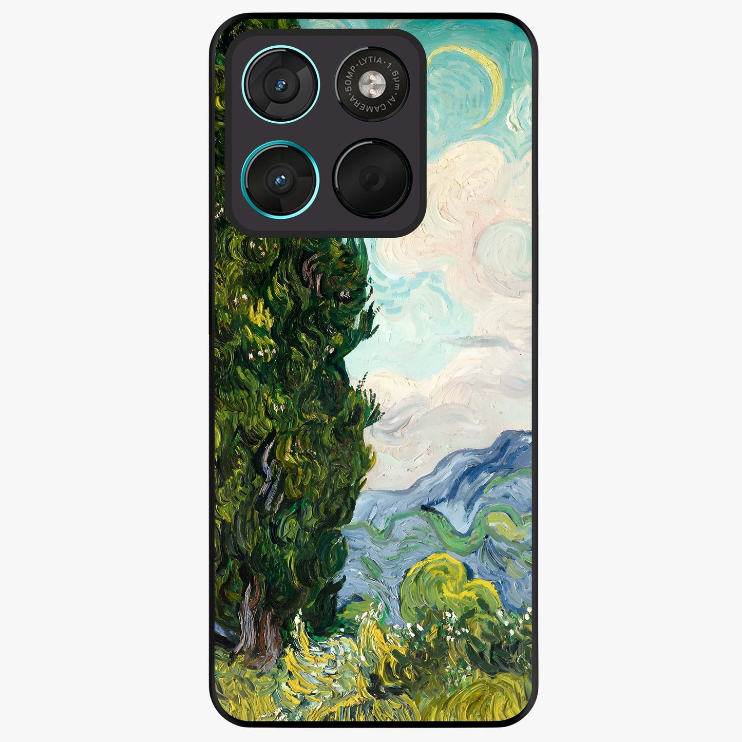 Van Gogh Vintage Art Glass Case showing flat back view with vintage painterly artwork inspired by Van Gogh style and glossy glass finish.