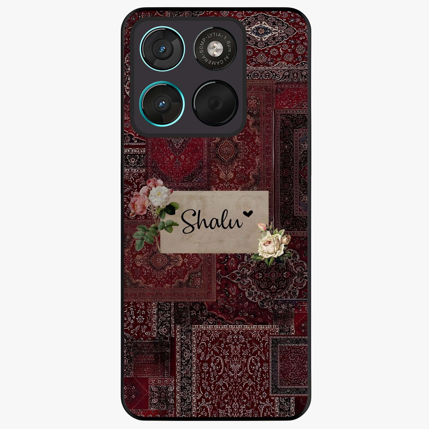 Velvet Wine Pattern Custom Name Glass Case showing flat back view with elegant wine colored pattern artwork and personalized name design.
