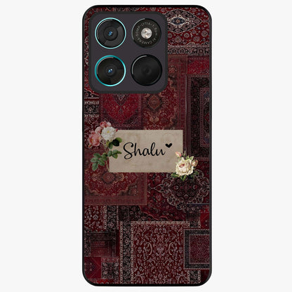 Velvet Wine Pattern Custom Name Glass Case showing flat back view with elegant wine colored pattern artwork and personalized name design.