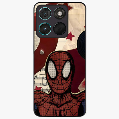 Web Warrior Vibes Glass Case showing flat back view with superhero inspired web themed artwork and glossy glass finish.