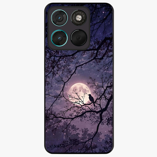 Whispering Moon Silence Glass Case showing flat back view with serene moon themed artwork and glossy glass finish.