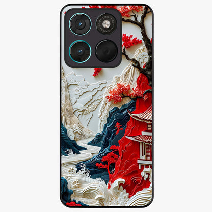 Whispers Of Sakura Waves Glass Case showing flat back view with cherry blossom wave artwork and glossy glass finish.