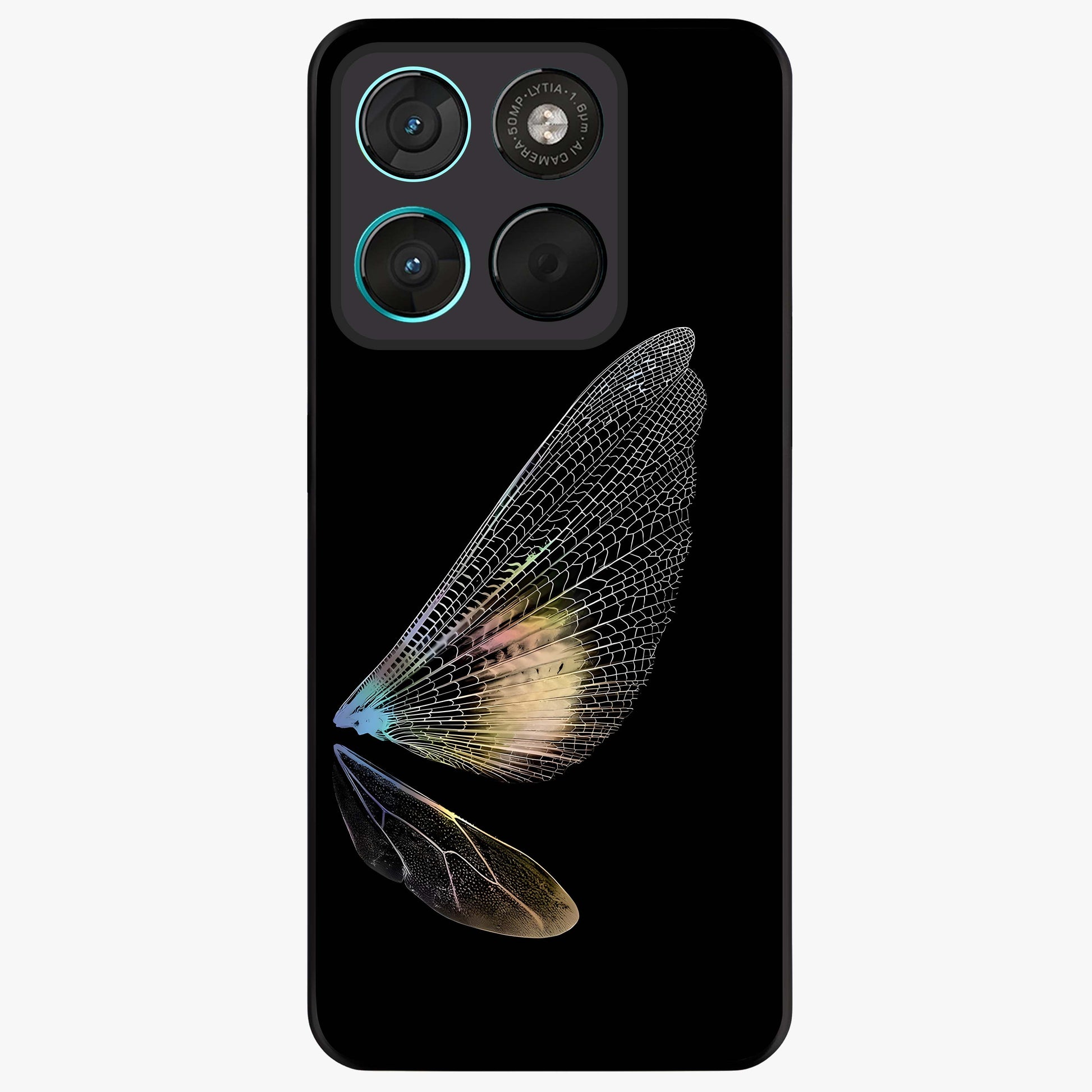 Whispers Of Wings Glass Case showing flat back view with graceful wing inspired artwork and glossy glass finish.
