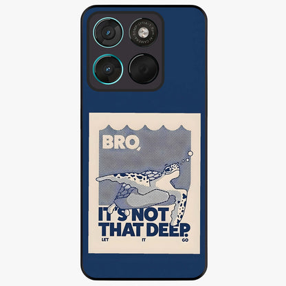 Worry Less Swim Glass Case showing flat back view with playful motivational artwork and glossy glass finish.