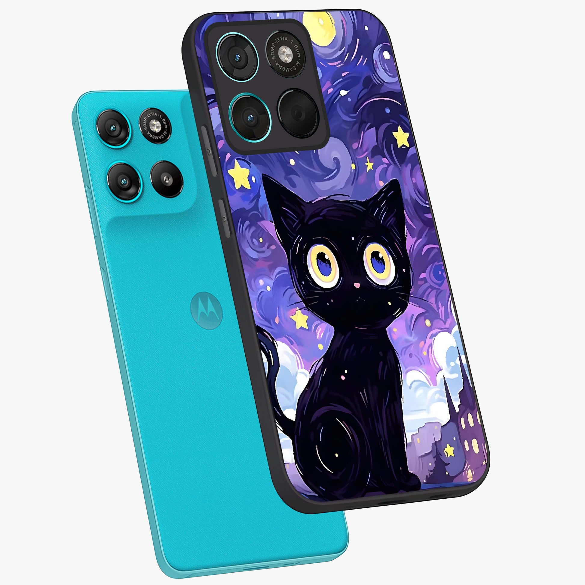 Abstract Cat Art Glass Case displayed in angled mockup highlighting modern abstract cat artwork and sleek glass surface.