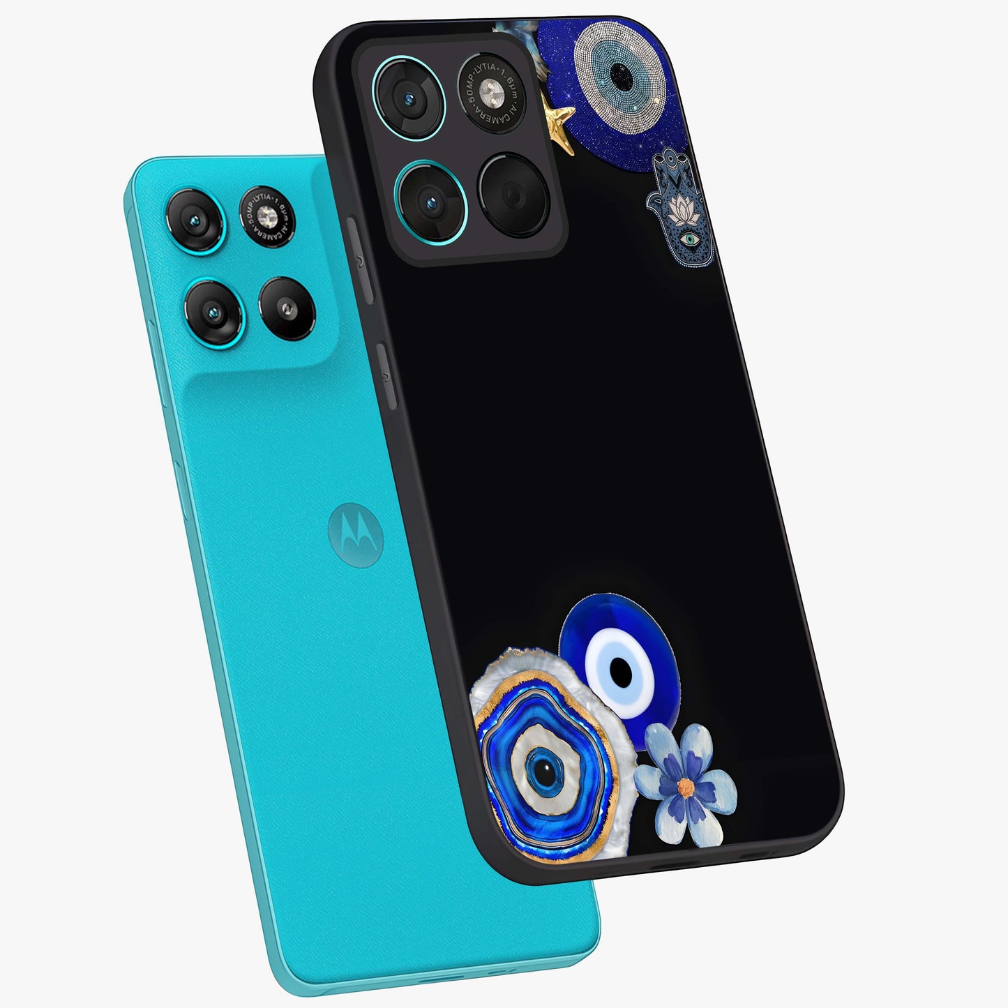 Aesthetic Blue Evil Eye Glass Case displayed in angled mockup highlighting blue evil eye symbol and spiritual aesthetic design.