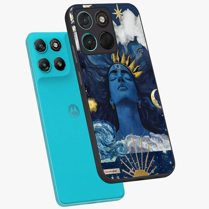 Aesthetic Lord Shiva Glass Case displayed in angled mockup highlighting spiritual Shiva illustration and sacred aesthetic design.