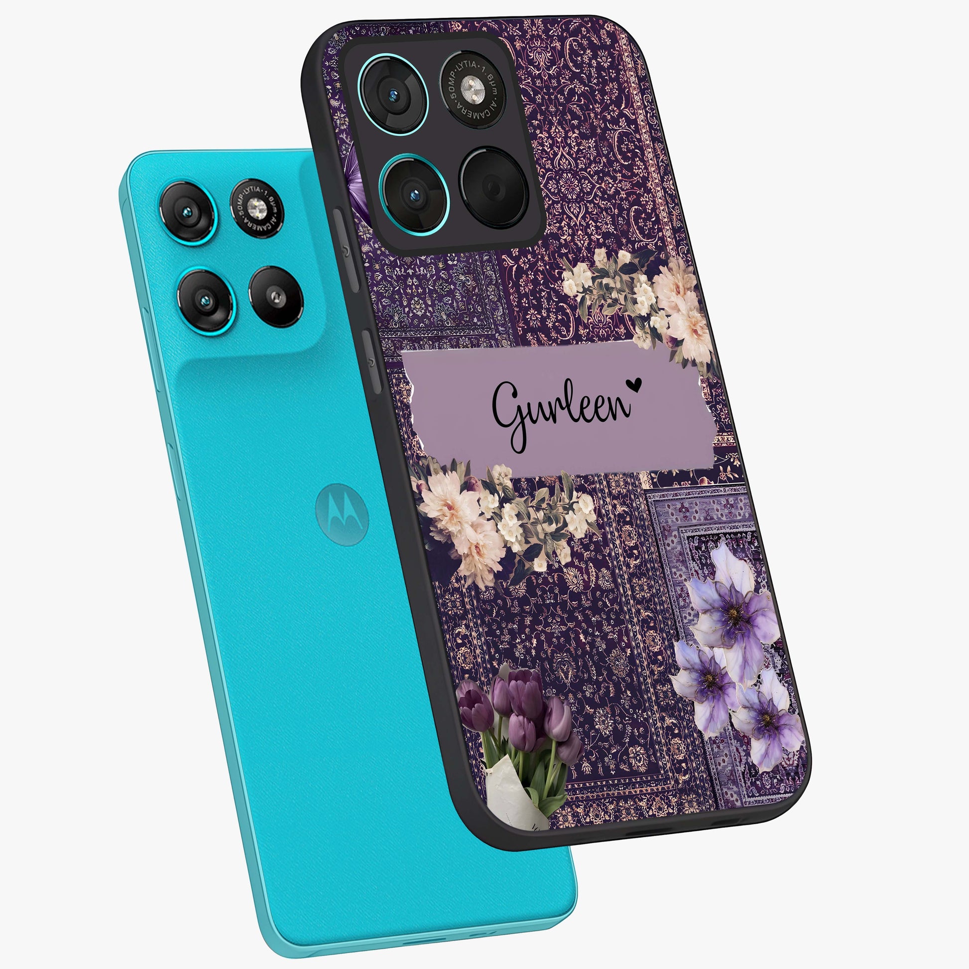 Antique Floral Whisper Custom Name Glass Case displayed in angled mockup highlighting elegant antique floral aesthetic.