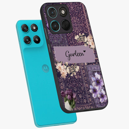 Antique Floral Whisper Custom Name Glass Case displayed in angled mockup highlighting elegant antique floral aesthetic.