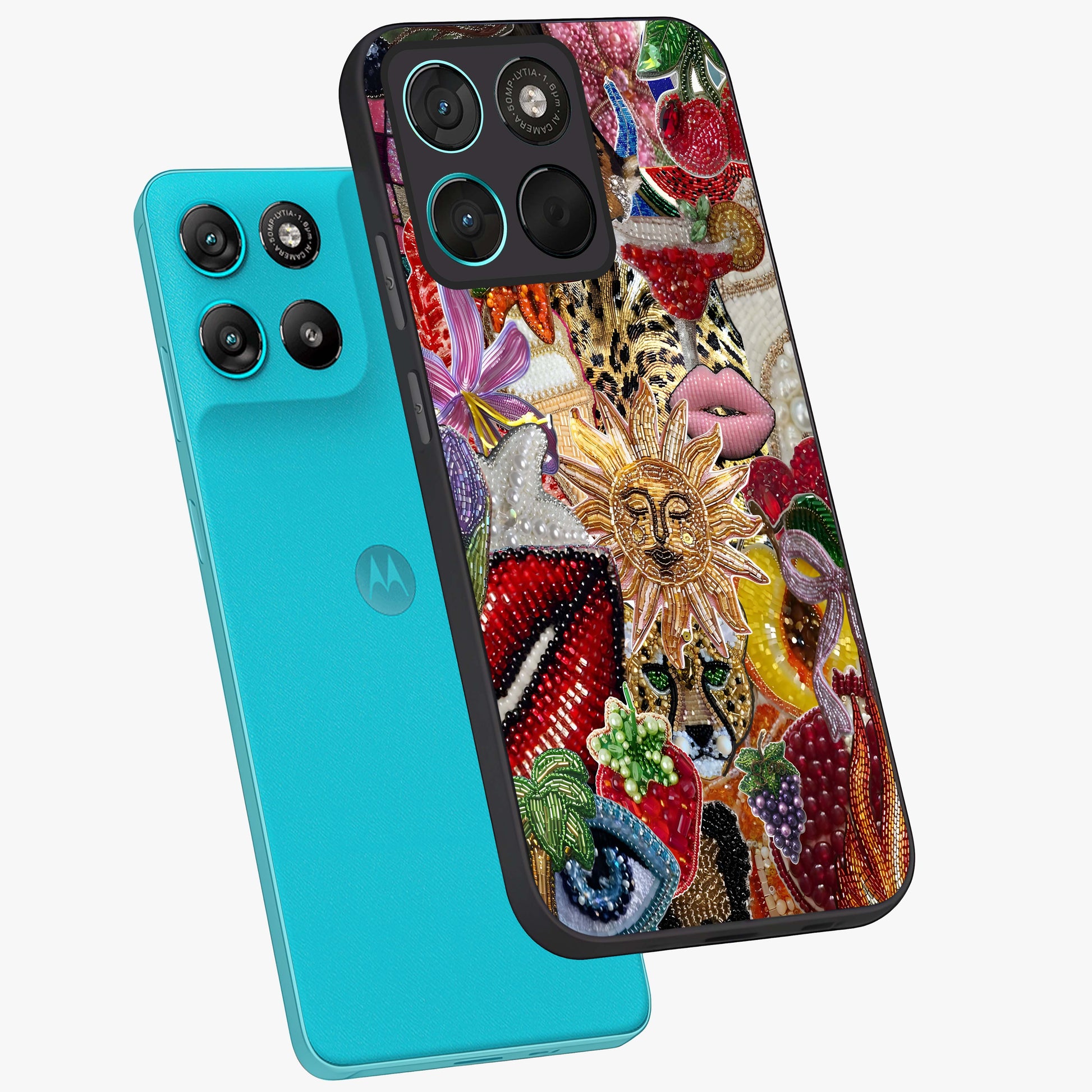 Beaded Fashion Jungle Glass Case displayed in angled mockup highlighting colorful fashion bead design and artistic pattern.