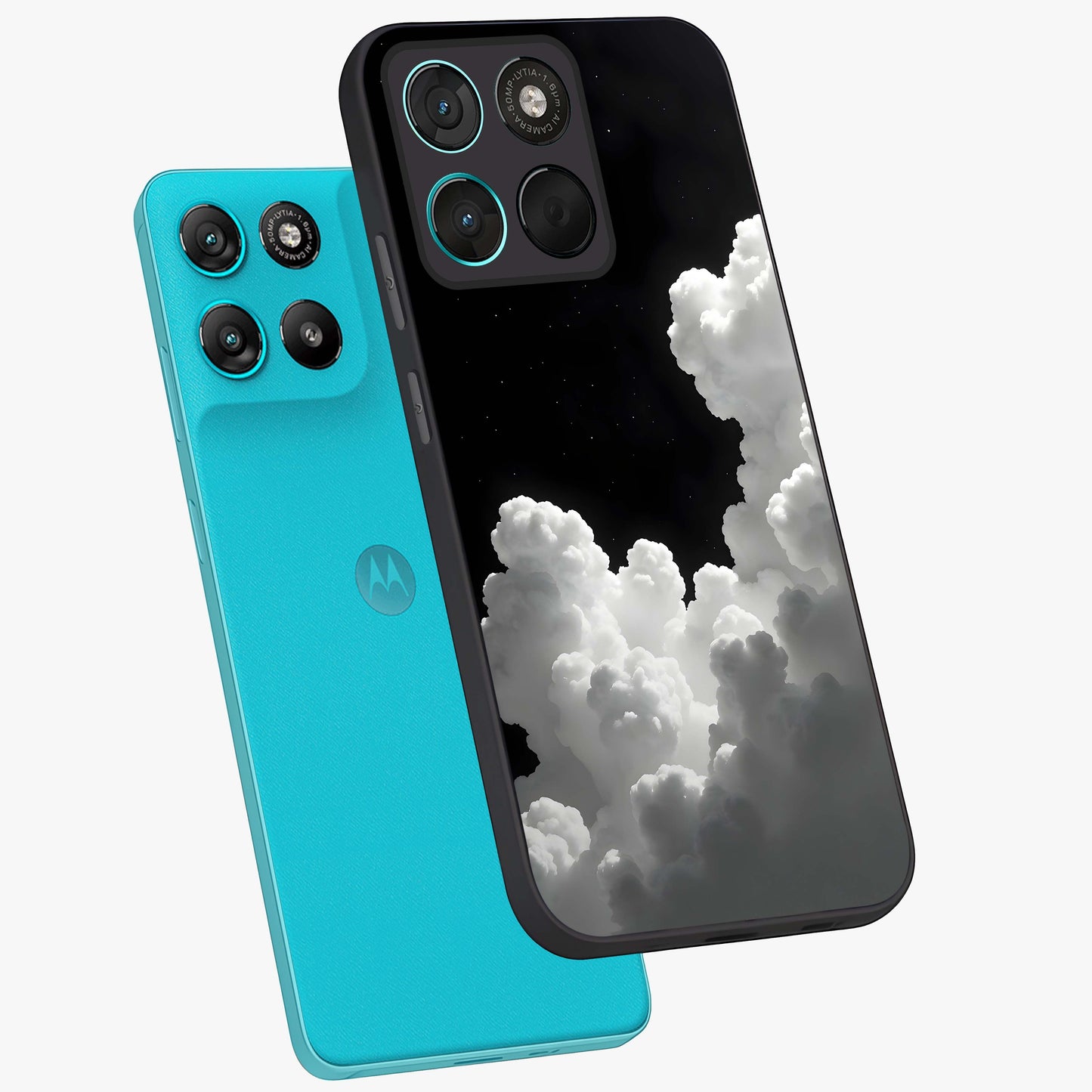 Black Background With White Cloud Glass Case displayed in angled mockup highlighting soft white cloud illustration and minimal design.