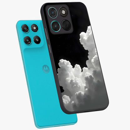 Black Background With White Cloud Glass Case displayed in angled mockup highlighting soft white cloud illustration and minimal design.