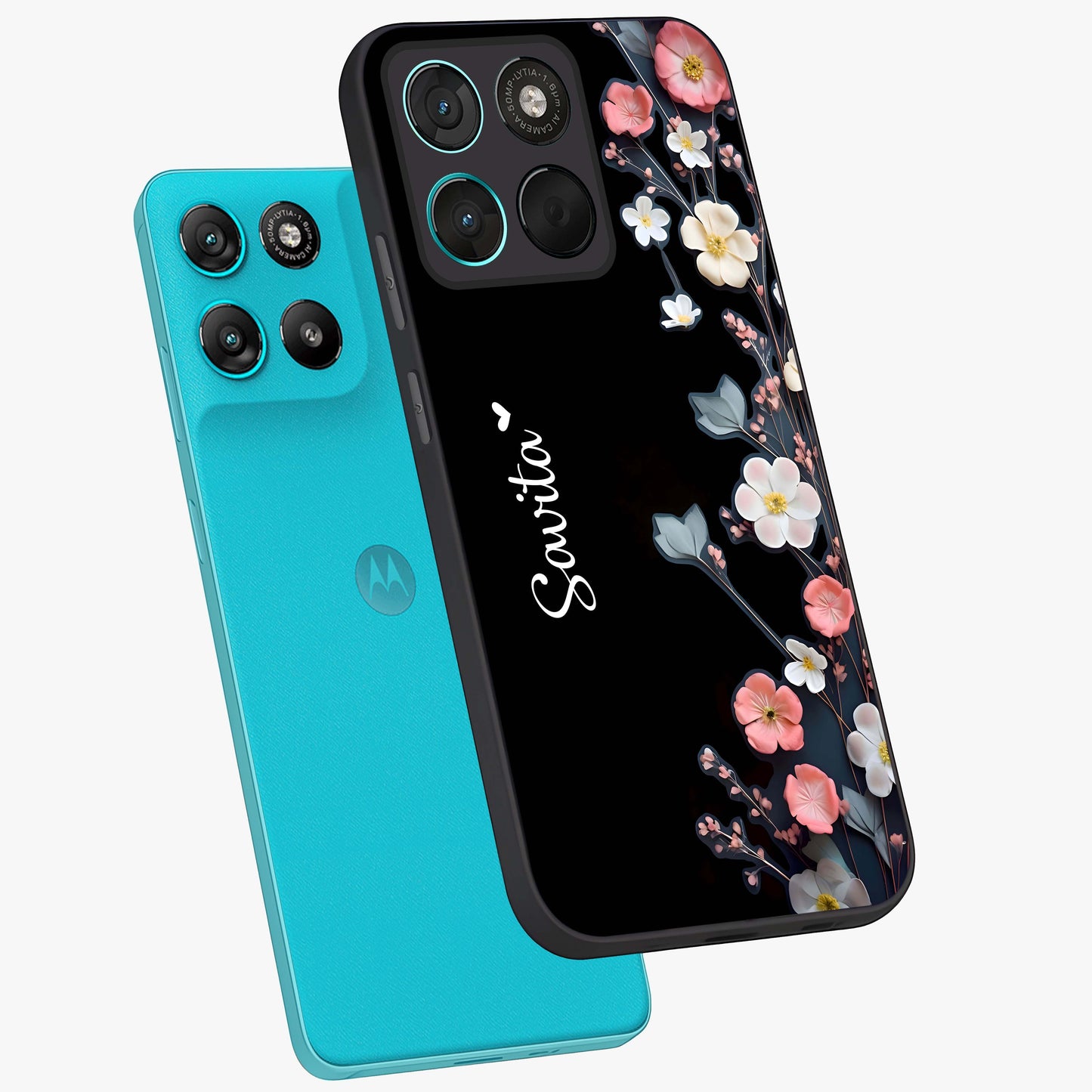 Black Elegance Floral Custom Name Glass Case displayed in angled mockup highlighting dark floral aesthetic and custom name feature.