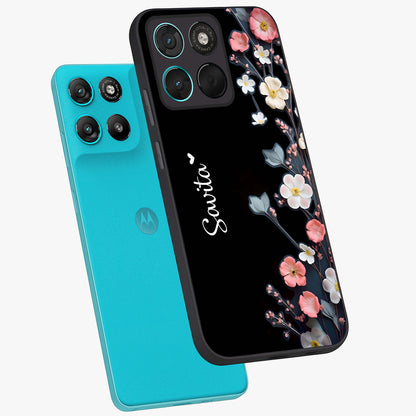 Black Elegance Floral Custom Name Glass Case displayed in angled mockup highlighting dark floral aesthetic and custom name feature.