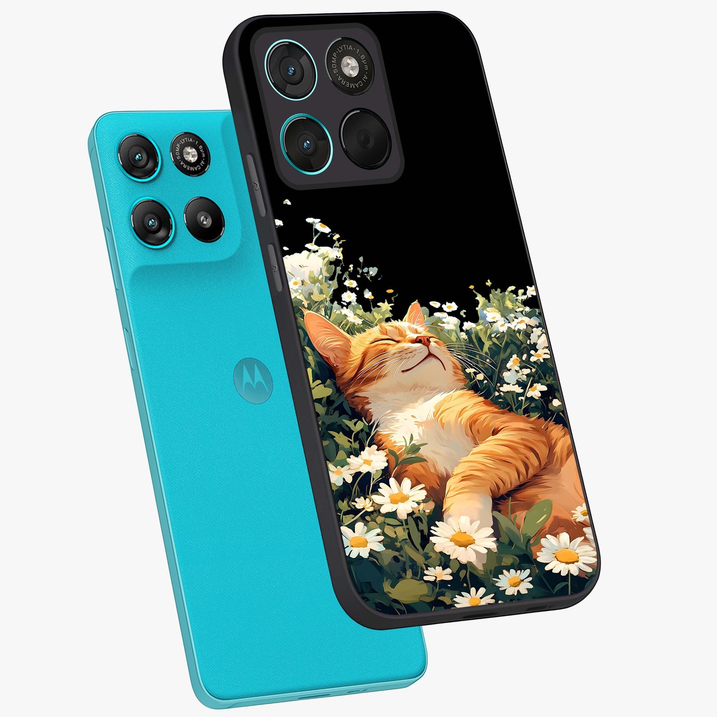Blissful Bloom Cat Glass Case displayed in angled mockup highlighting playful feline illustration with soft floral aesthetic.