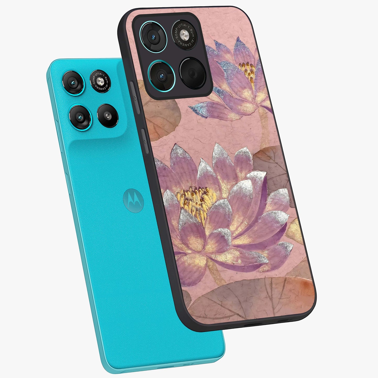 Blossom Mist Lotus Glass Case displayed in angled mockup highlighting delicate lotus illustration with calm aesthetic theme.