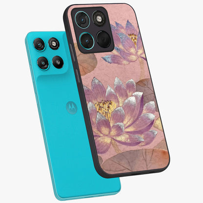 Blossom Mist Lotus Glass Case displayed in angled mockup highlighting delicate lotus illustration with calm aesthetic theme.