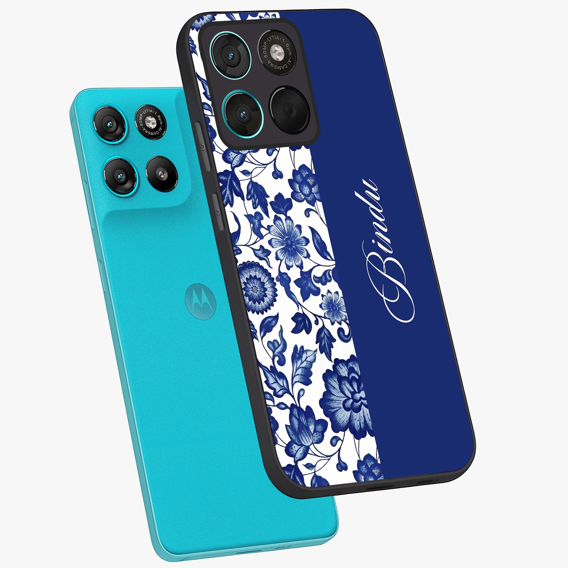 Blue Vintage Floral Pattern Glass Case displayed in angled mockup highlighting subtle bloom pattern with aesthetic pastel design.