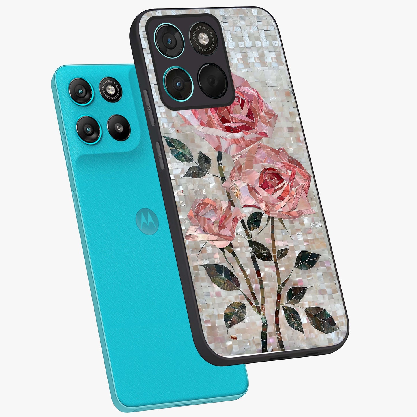 Blush Mosaic Bloom Glass Case displayed in angled mockup highlighting artistic mosaic flower pattern with aesthetic design.