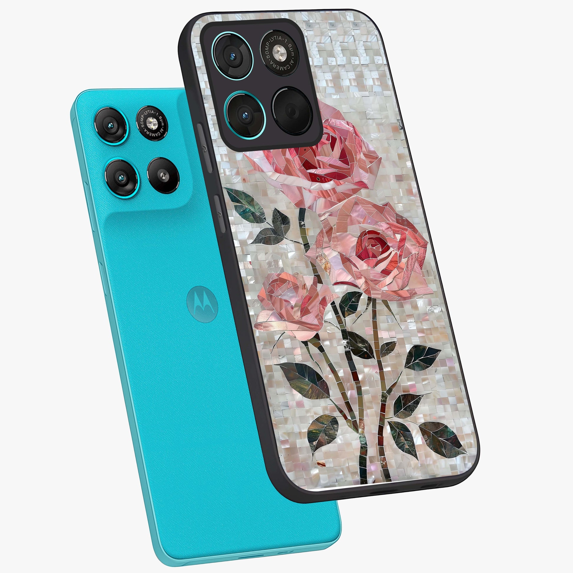 Blush Mosaic Bloom Glass Case displayed in angled mockup highlighting artistic mosaic flower pattern with aesthetic design.