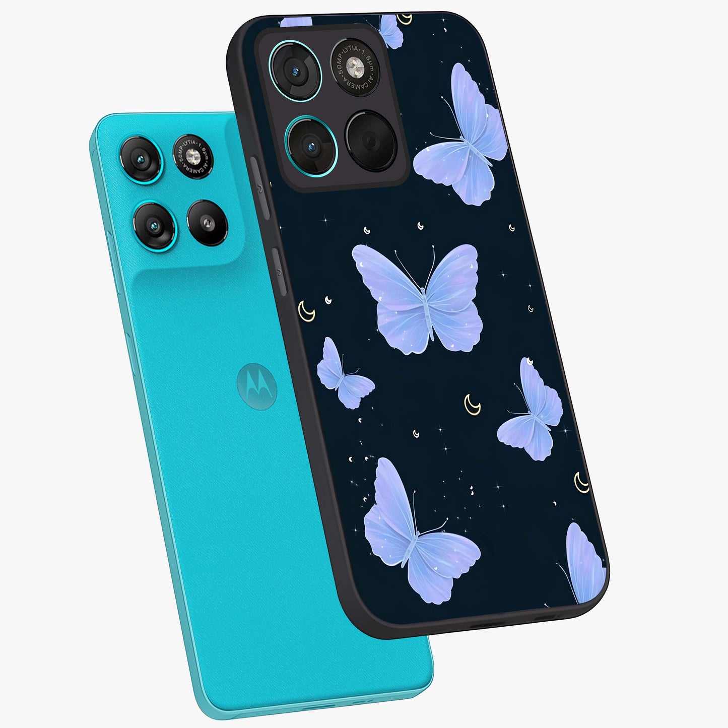 Butterfly With Stars Pattern Glass Case displayed in angled mockup highlighting dreamy butterfly and star design with aesthetic theme.
