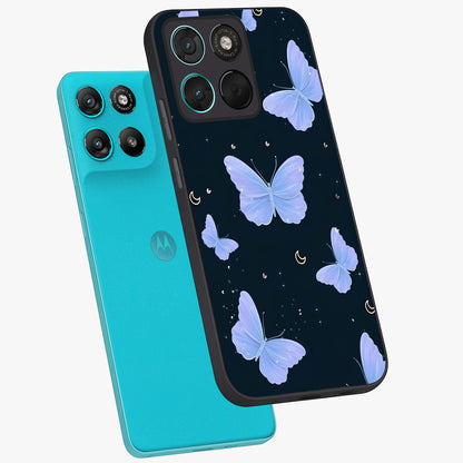 Butterfly With Stars Pattern Glass Case displayed in angled mockup highlighting dreamy butterfly and star design with aesthetic theme.