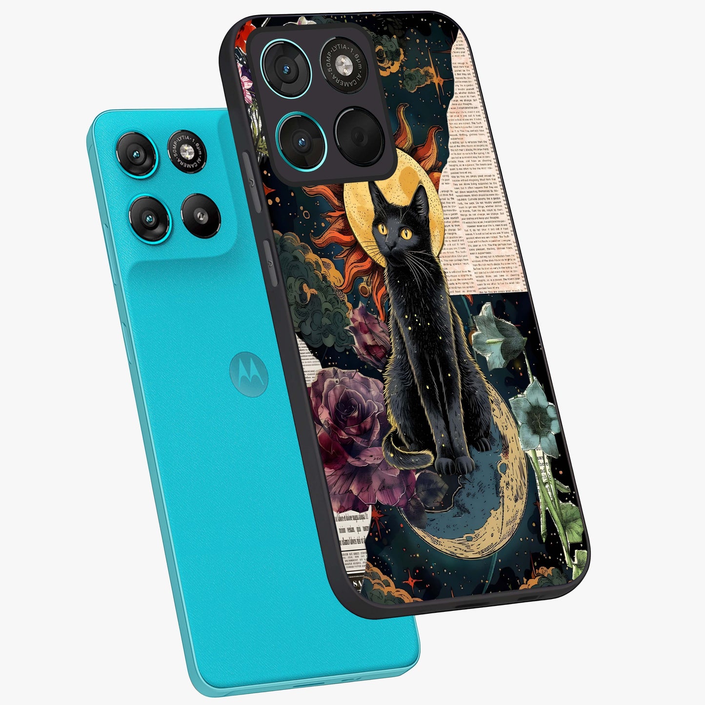 Celestial Black Cat Glass Case displayed in angled mockup highlighting cosmic black cat design with celestial aesthetic.