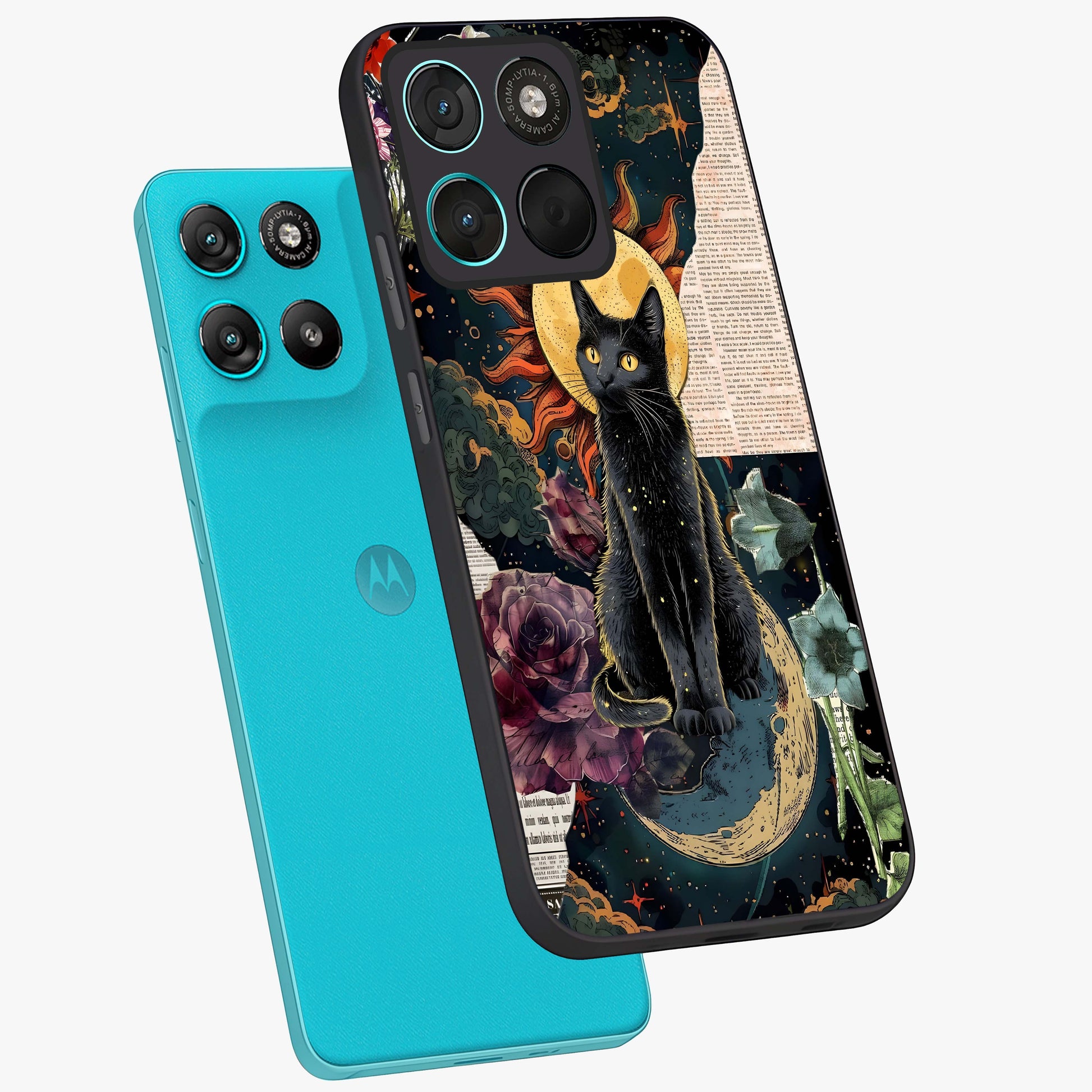 Celestial Black Cat Glass Case displayed in angled mockup highlighting cosmic black cat design with celestial aesthetic.