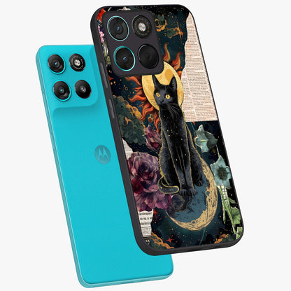Celestial Black Cat Glass Case displayed in angled mockup highlighting cosmic black cat design with celestial aesthetic.