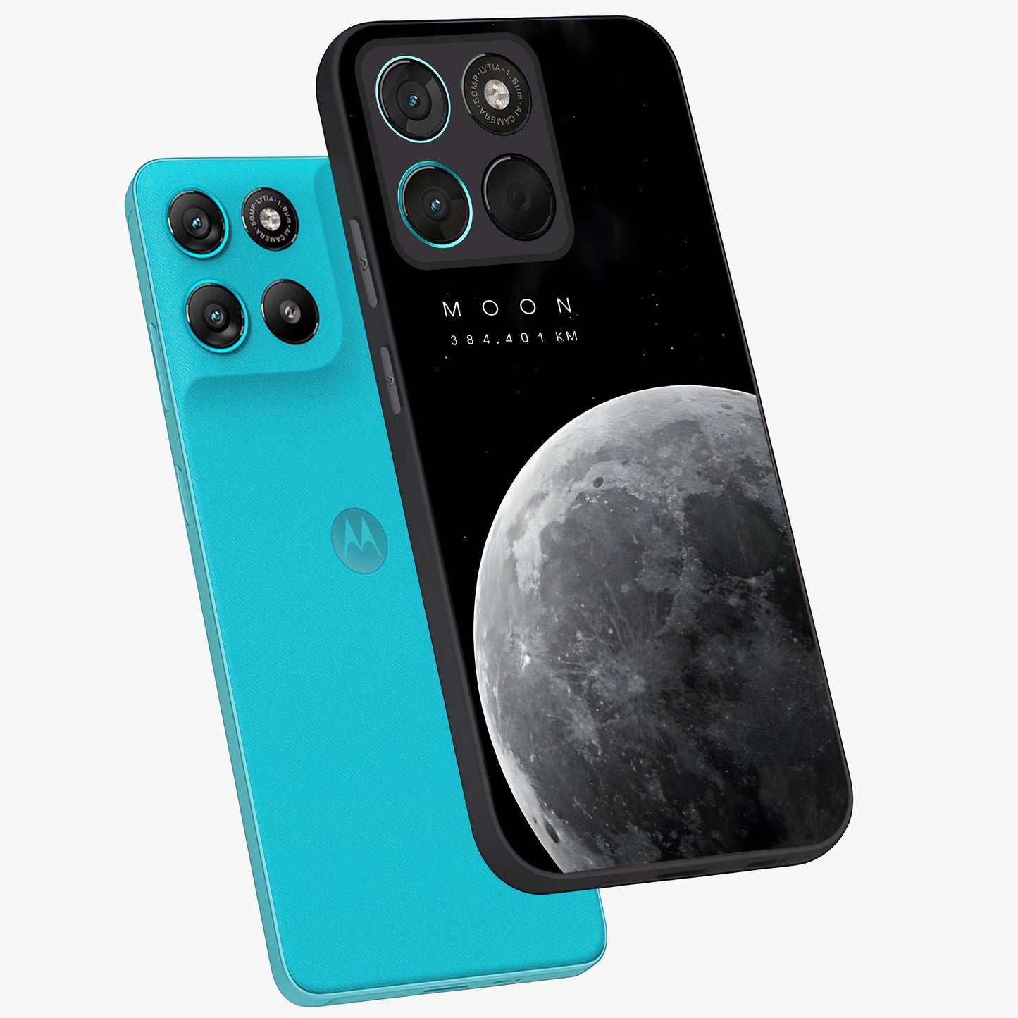 Cosmic Moon Glow Glass Case displayed in angled mockup highlighting celestial moon design with cosmic aesthetic theme.