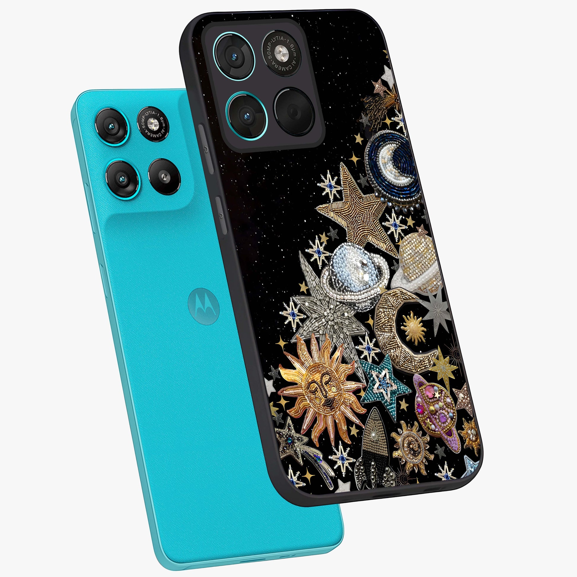 Cosmic Sparkle Dreams Glass Case displayed in angled mockup highlighting dreamy star sparkle design with celestial aesthetic.