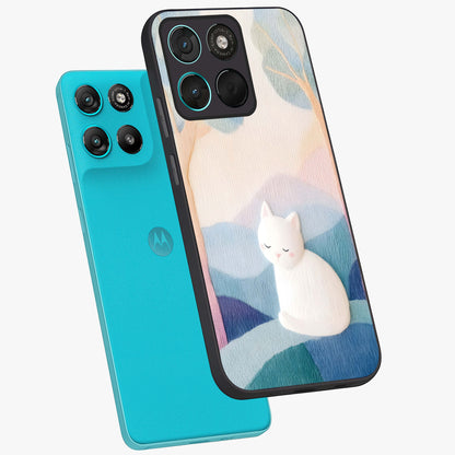 Cotton Dream Cat Glass Case displayed in angled mockup highlighting cute feline illustration with pastel aesthetic style.