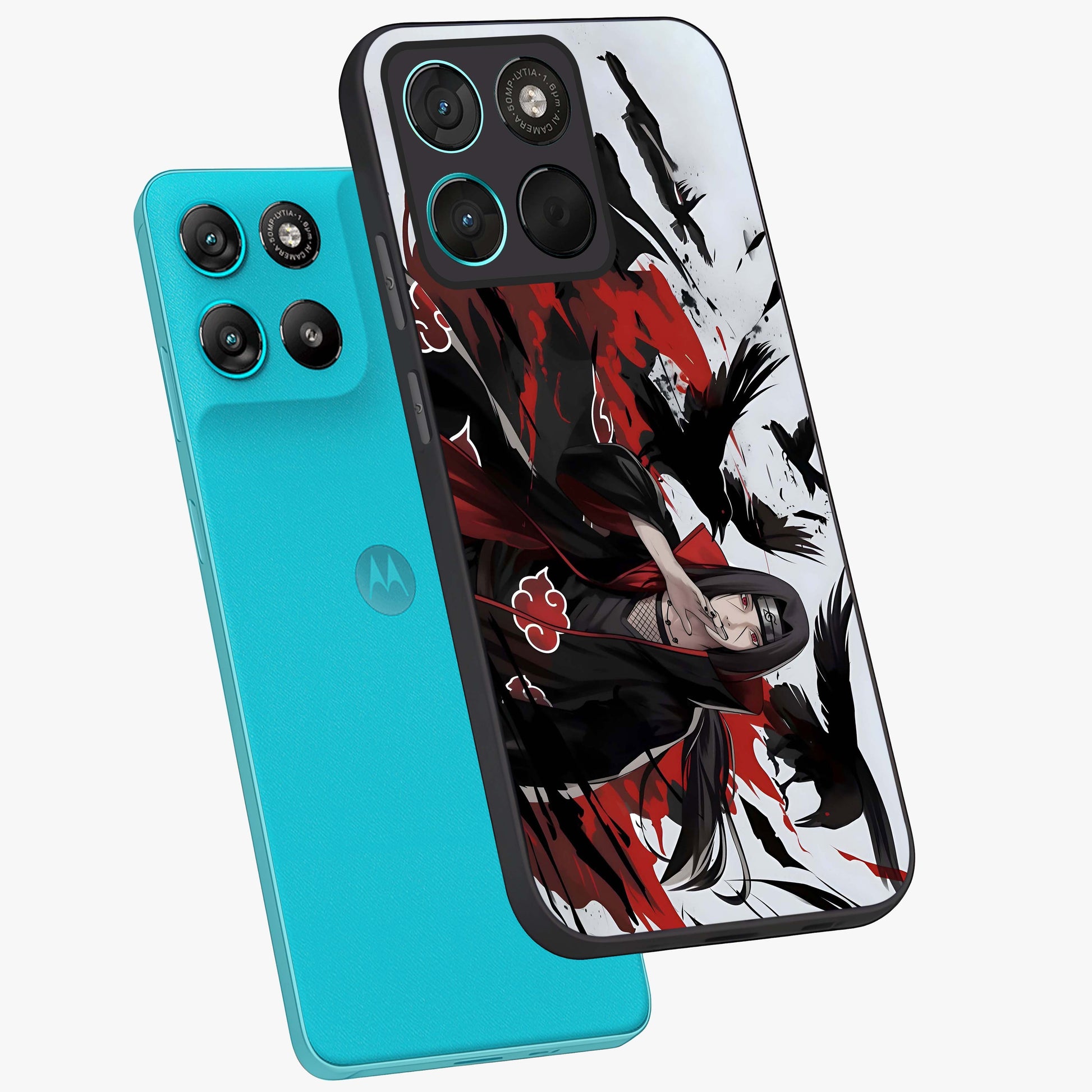 Crimson Crow Illusion Glass Case displayed in angled mockup highlighting mysterious crow graphic with dark aesthetic style.