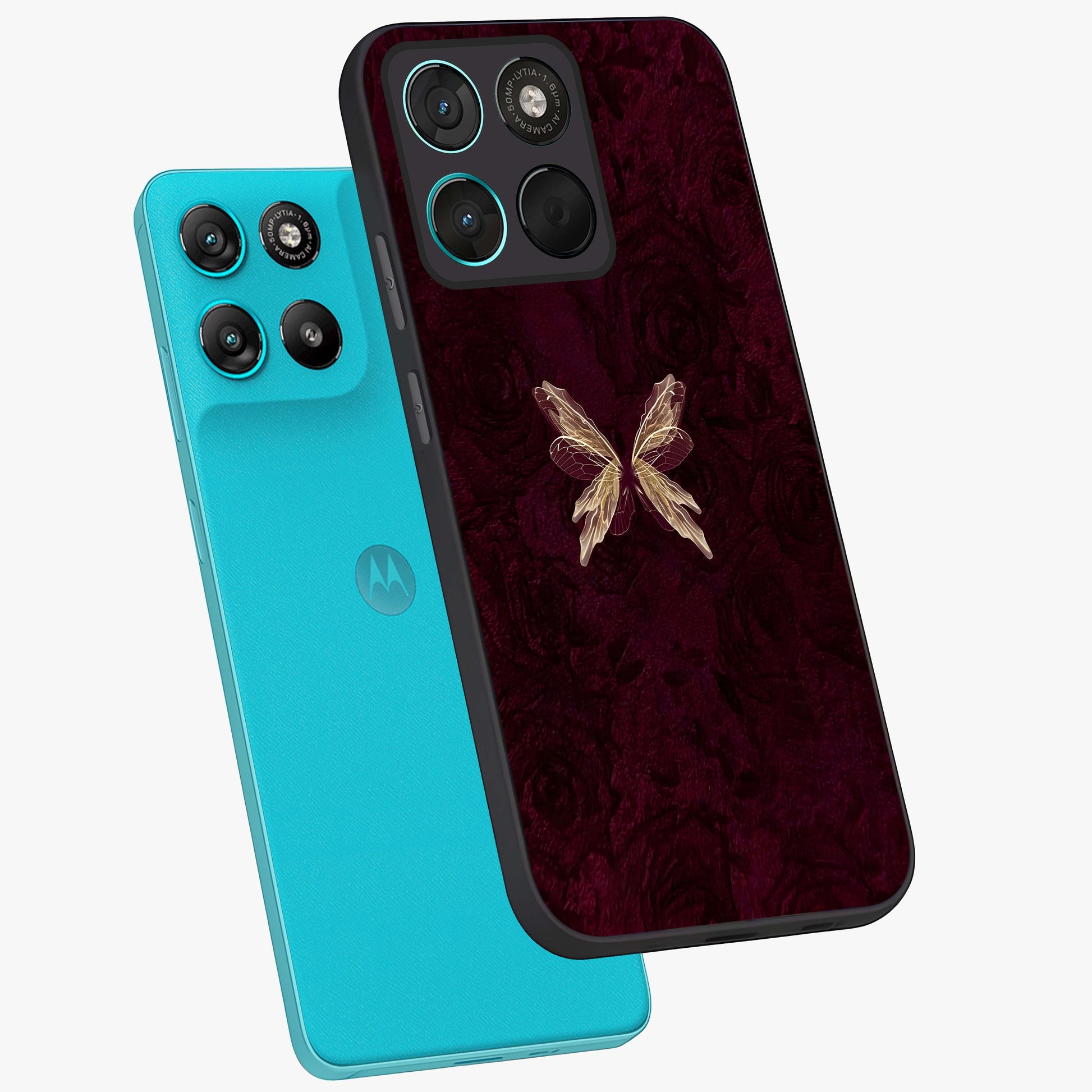 Crimson Fade Butterfly Glass Case displayed in angled mockup highlighting elegant butterfly design with crimson gradient aesthetic.