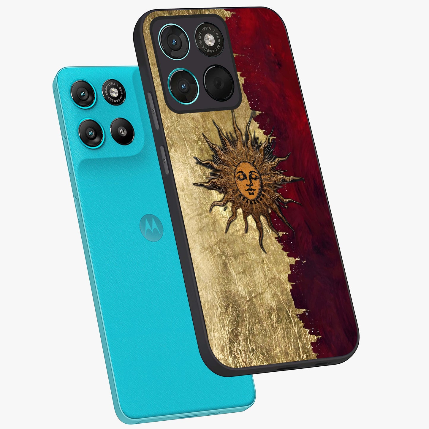 Crimson Sun Majesty Glass Case displayed in angled mockup highlighting majestic crimson sun design with bold aesthetic style.