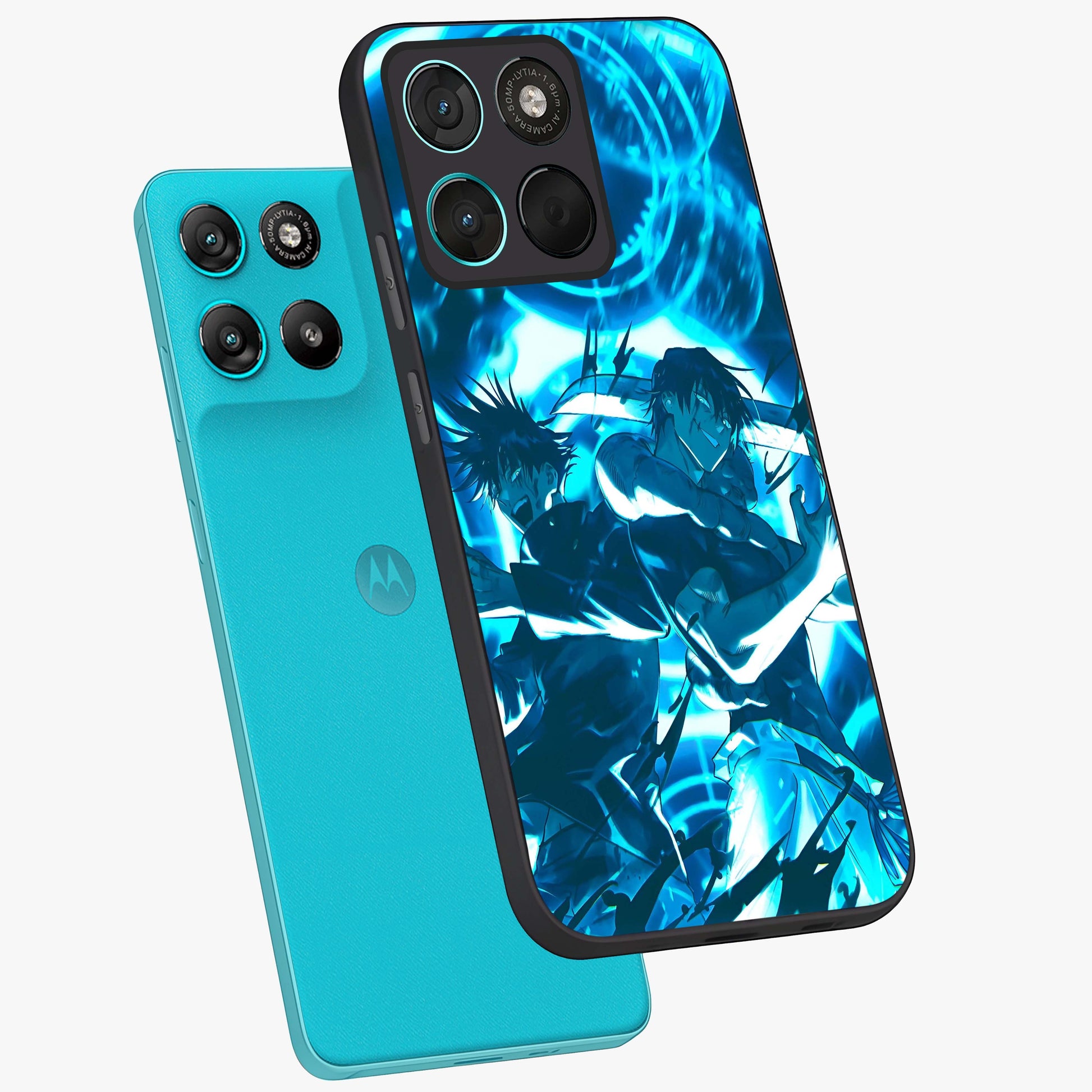 Cursed Energy Clash Glass Case displayed in angled mockup highlighting powerful battle inspired graphic with anime style aesthetic.