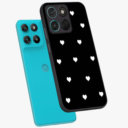Cute And Simple White Hearts Glass Case displayed in angled mockup highlighting cute heart design with clean aesthetic style.