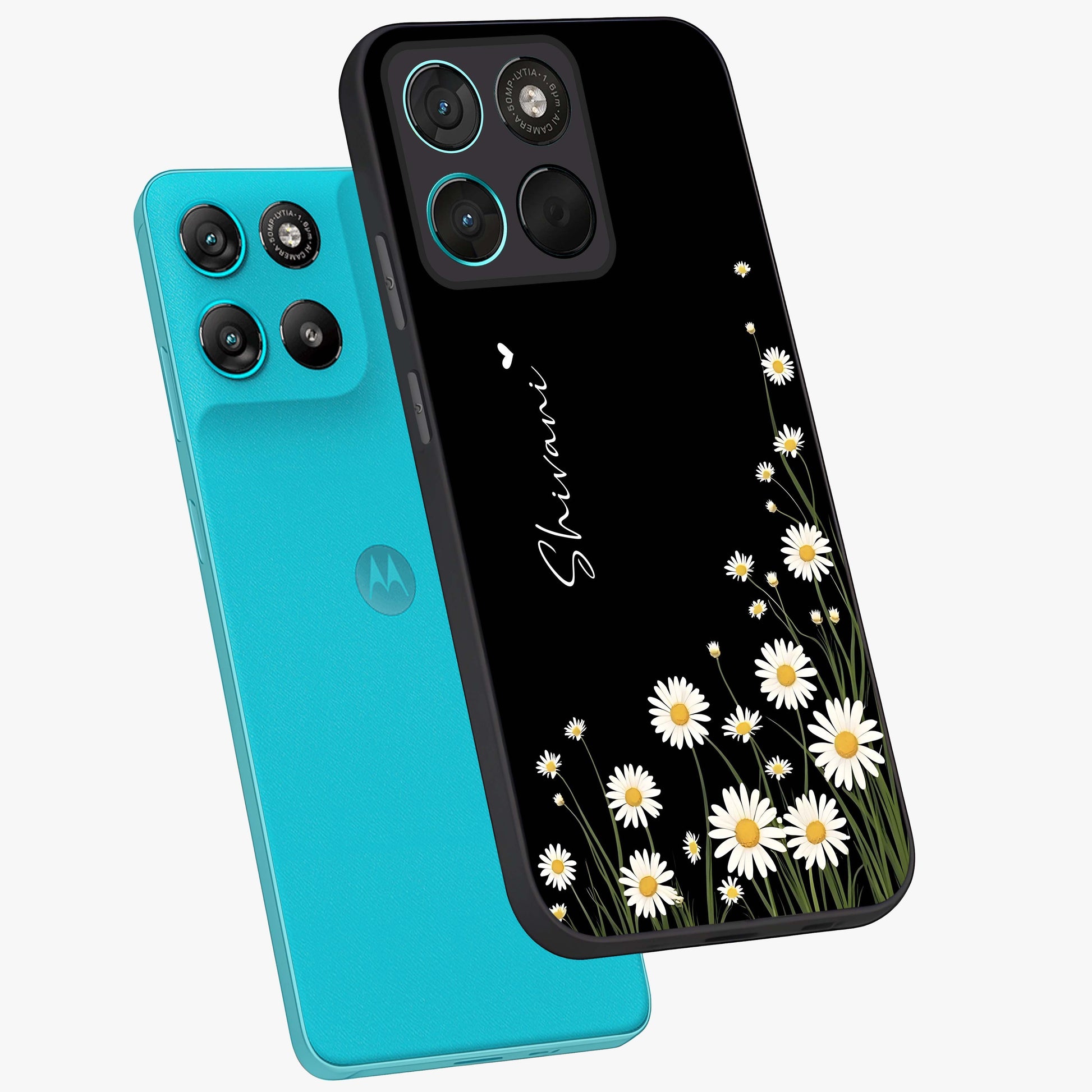 Daisy Cascade Custom Name Glass Case displayed in angled mockup highlighting delicate daisy artwork with custom name feature.