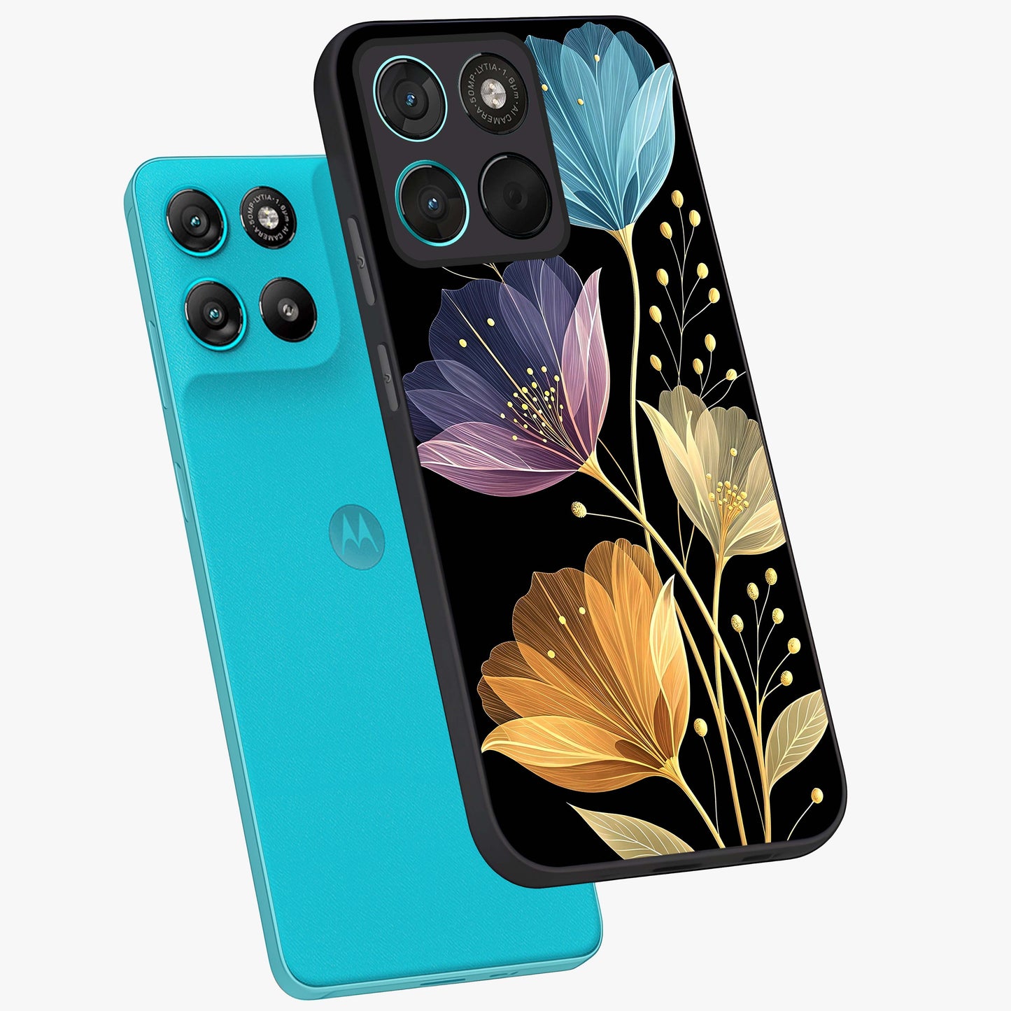Delicate Multicolor Flowers Glass Case displayed in angled mockup highlighting colorful flower pattern with soft aesthetic style.
