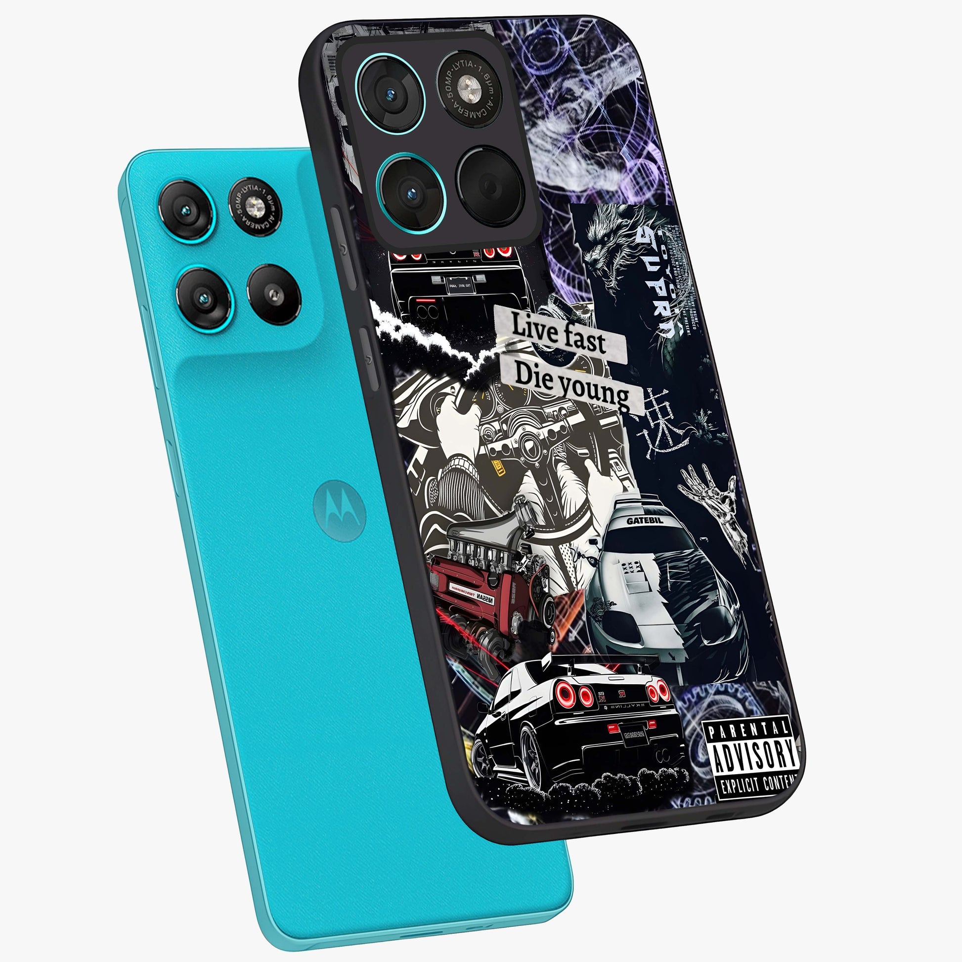 Die Young Glass Case displayed in angled mockup highlighting expressive graphic artwork with edgy aesthetic style.