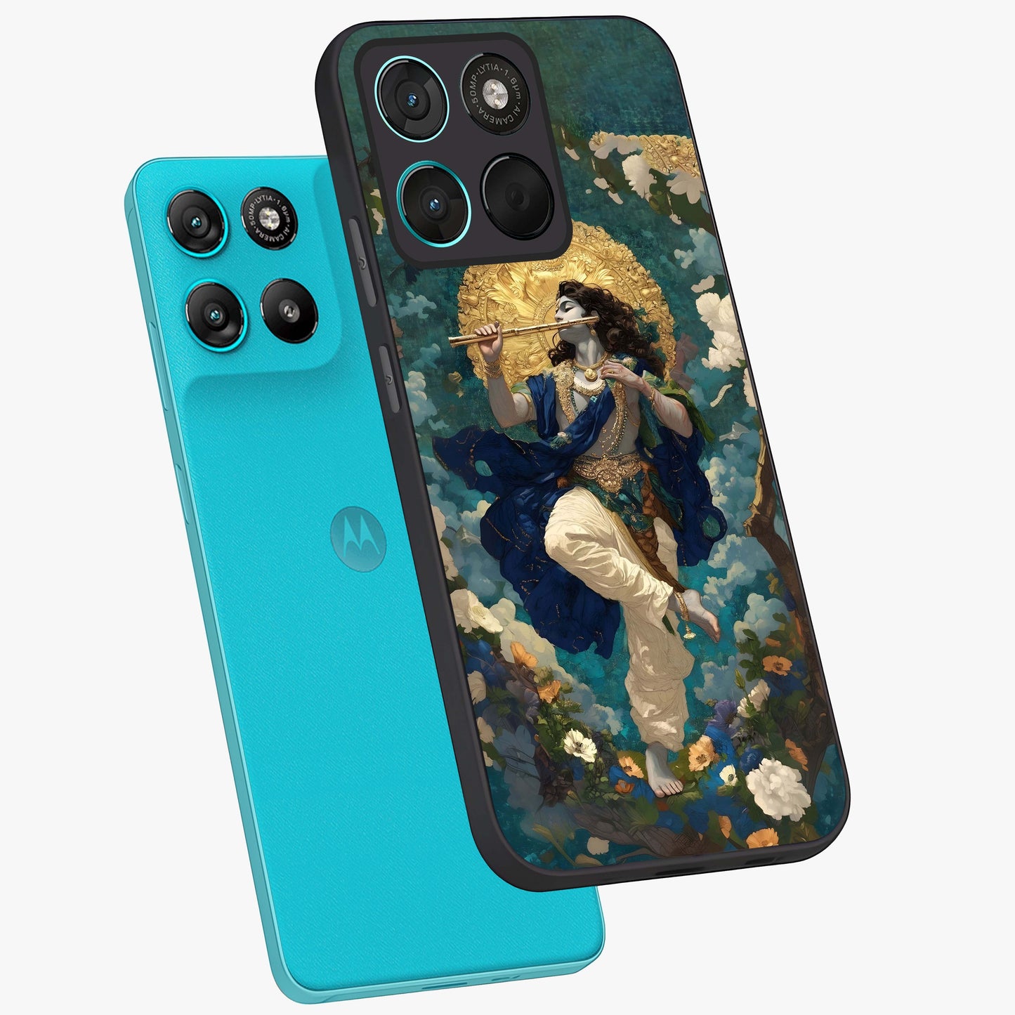 Divine Krishna Art Glass Case displayed in angled mockup highlighting spiritual Krishna illustration with devotional aesthetic.