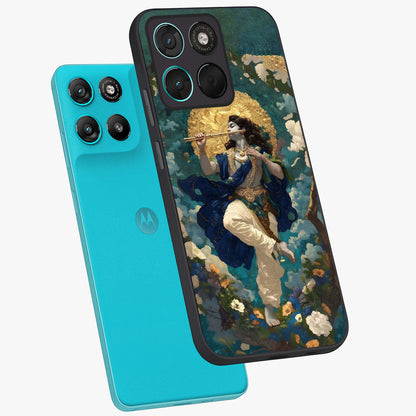 Divine Krishna Art Glass Case displayed in angled mockup highlighting spiritual Krishna illustration with devotional aesthetic.