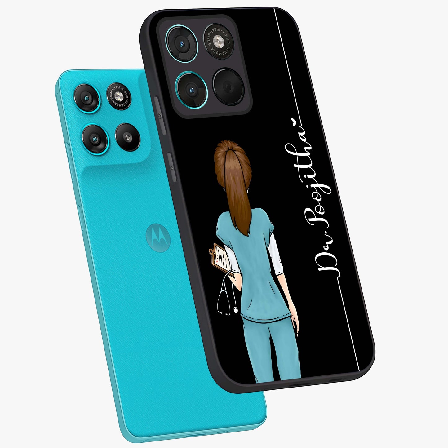 Doctor Pattern Custom Name Glass Case displayed in angled mockup highlighting doctor inspired artwork with custom name feature.