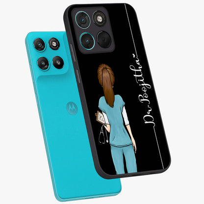 Doctor Pattern Custom Name Glass Case displayed in angled mockup highlighting doctor inspired artwork with custom name feature.