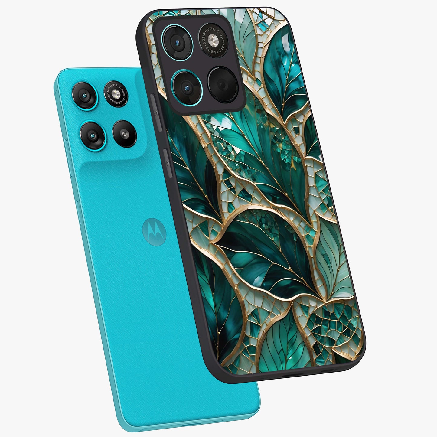 Emerald Leaf Glass Glass Case displayed in angled mockup highlighting botanical leaf illustration with elegant natural aesthetic.