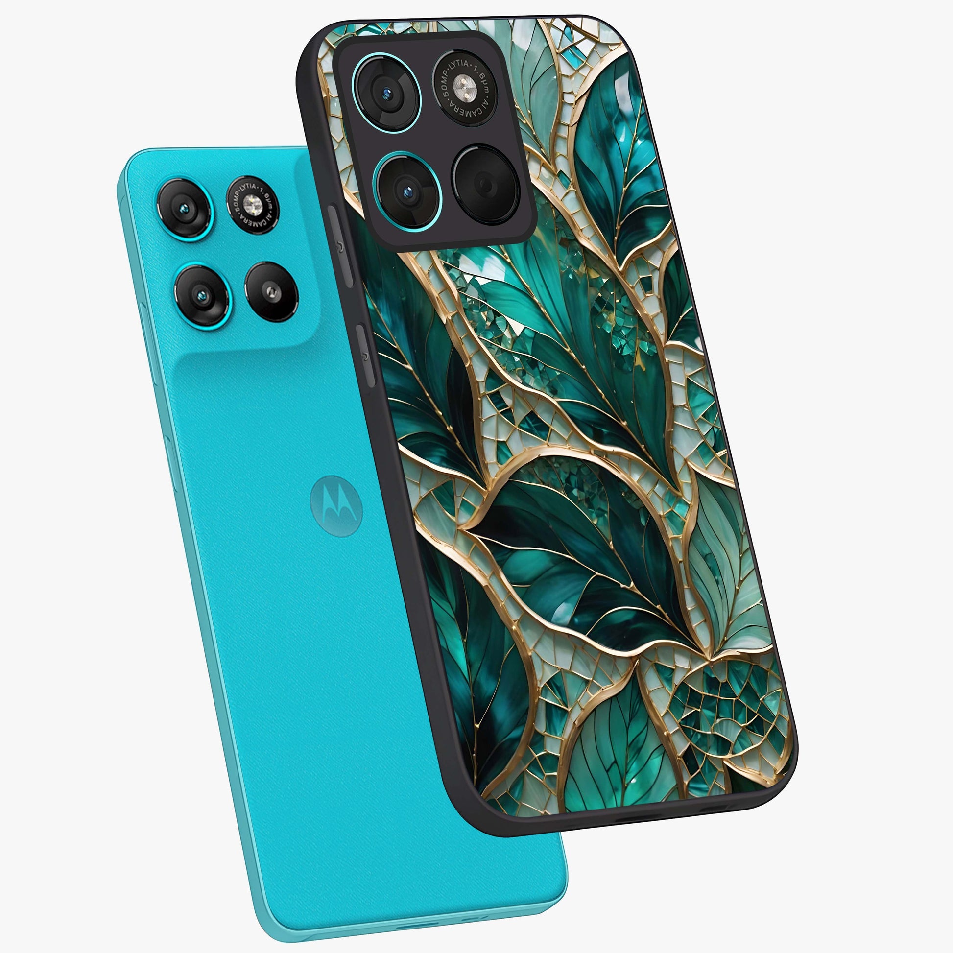 Emerald Leaf Glass Glass Case displayed in angled mockup highlighting botanical leaf illustration with elegant natural aesthetic.
