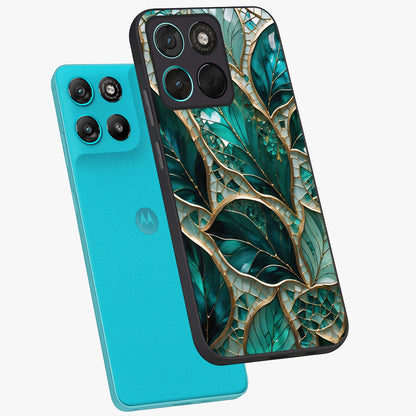 Emerald Leaf Glass Glass Case displayed in angled mockup highlighting botanical leaf illustration with elegant natural aesthetic.