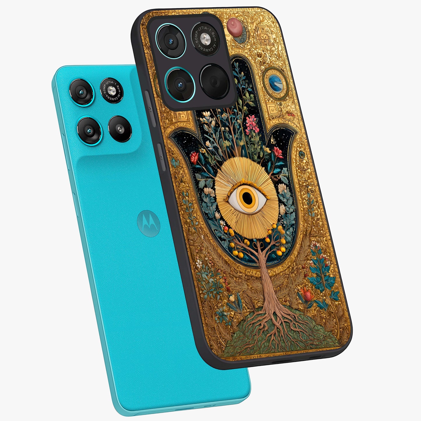 Ethereal Evil Eye Glass Case displayed in angled mockup highlighting protective evil eye symbol with spiritual aesthetic design.