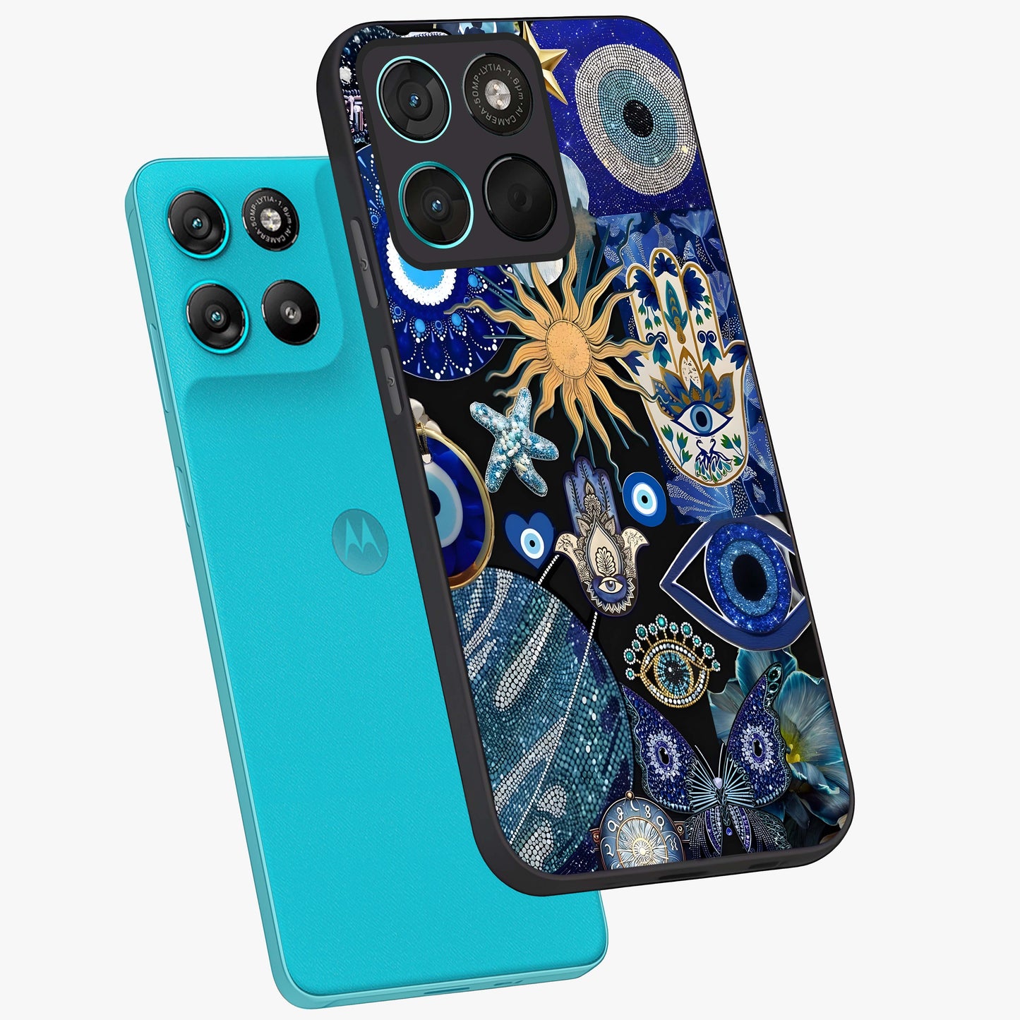 Evil Eye Charm Mix Glass Case displayed in angled mockup highlighting protective evil eye symbols with spiritual aesthetic design.
