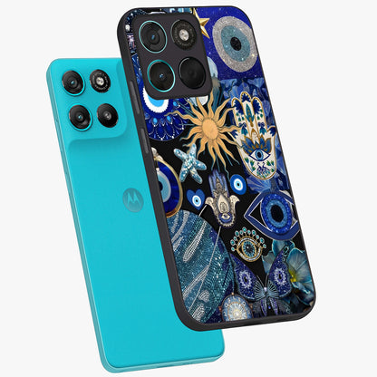 Evil Eye Charm Mix Glass Case displayed in angled mockup highlighting protective evil eye symbols with spiritual aesthetic design.